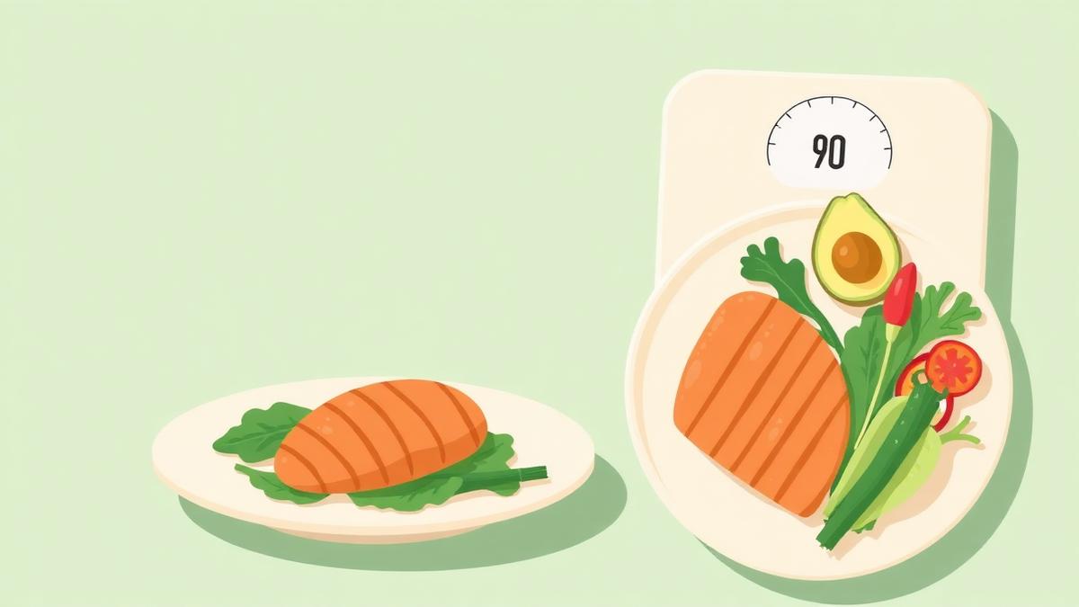 Illustration of a balanced plate of chicken, avocado and vegetables next to a scale