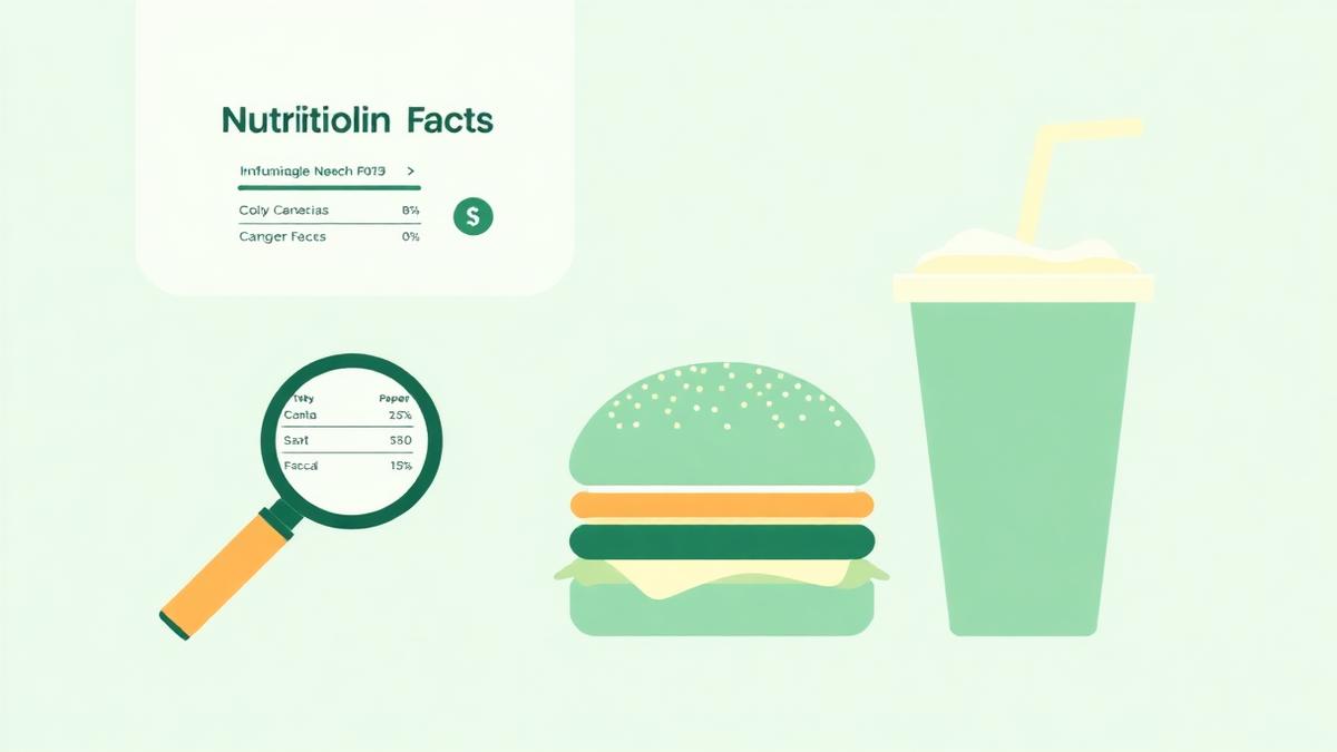 Illustration of a nutrition facts label next to a burger and a soda cup