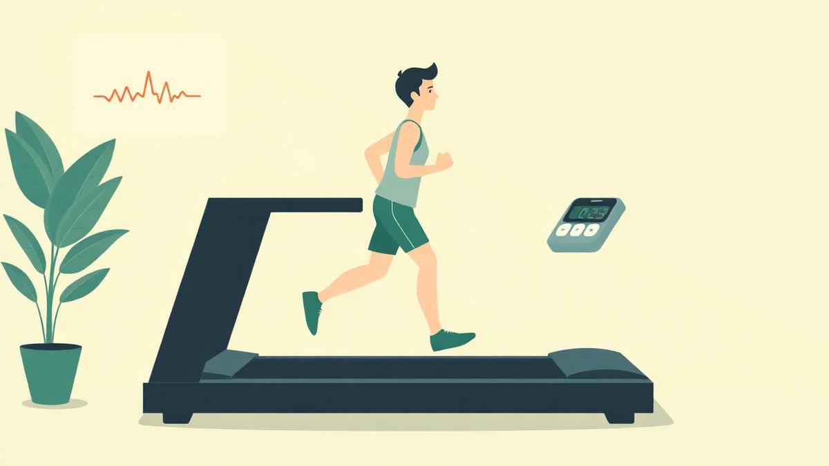 Illustration of a person running on a treadmill beside a heart rate graph