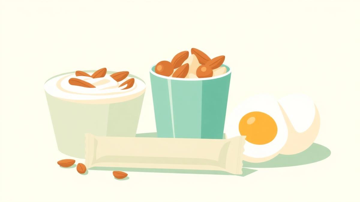 Illustration of Greek yogurt, almonds, a protein bar and boiled eggs