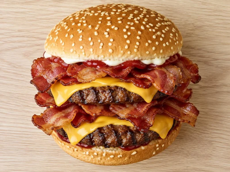 Bacon King burger stacked with beef, bacon and cheese on a wooden board