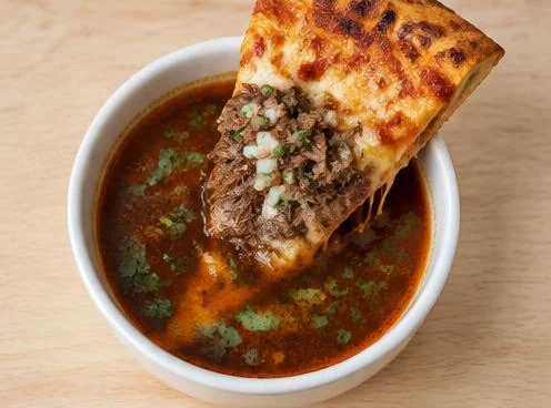Birria pizza slice dipped in a bowl of consommé on a wooden board
