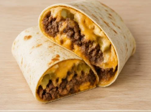 Cut cheeseburger burrito filled with beef and cheese on a wooden board