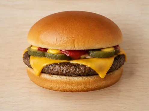 Cheeseburger with beef patty, melted cheese and bun on a wooden board