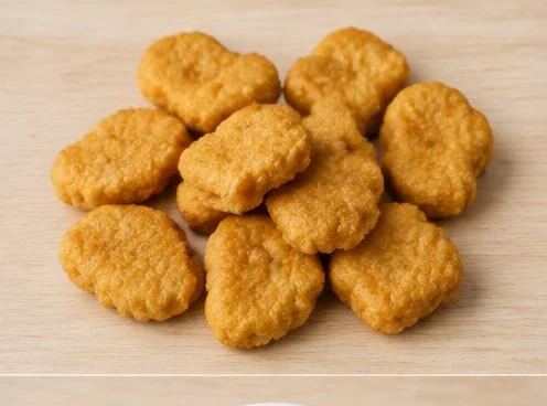 Ten breaded chicken nuggets on a wooden board