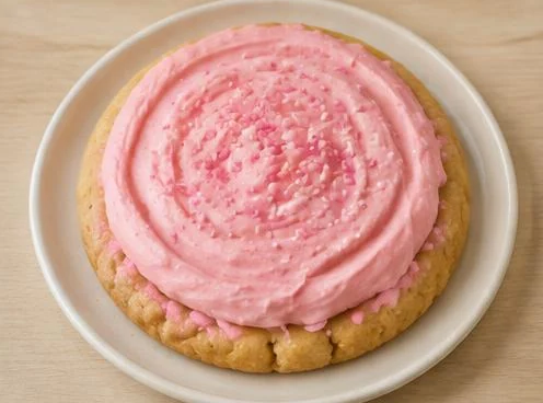 Pink-frosted Crumbl cookie on a plate on a wooden table