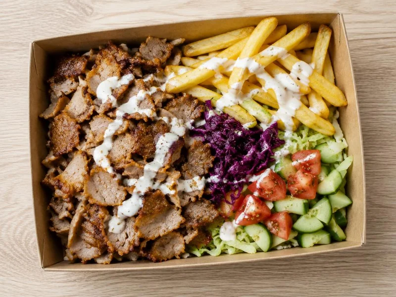 Döner box with shaved meat and toppings on a wooden table