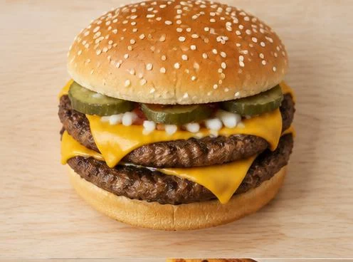 Double Quarter Pounder with two beef patties and cheese on a wooden board