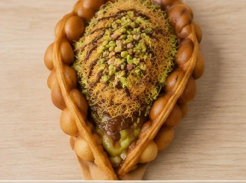 Dubai-style bubble waffle with pistachio cream and crisp kataifi on a wooden board