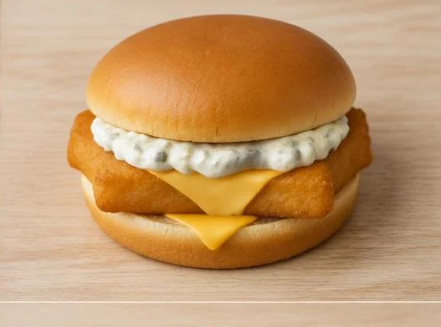 Filet-O-Fish sandwich with breaded fish and soft bun on a wooden board