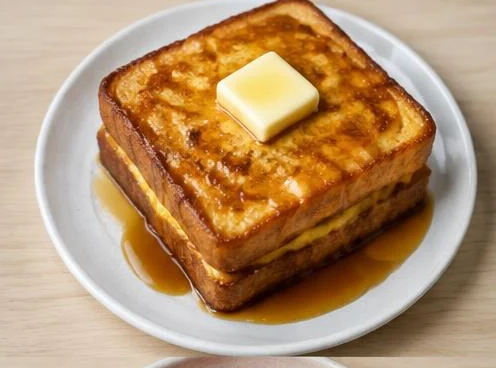 Hong Kong-style French toast with syrup on a wooden board