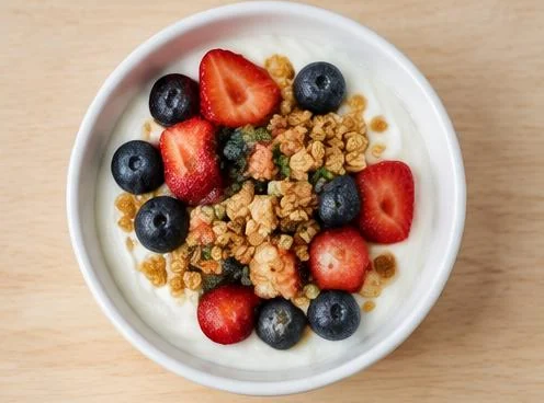 Bowl of thick Greek yogurt on a wooden table