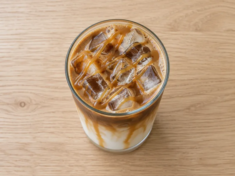 Iced caramel macchiato with caramel drizzle in a cup on a wooden table