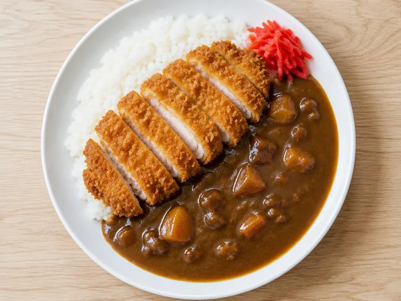 Plate of breaded katsu with curry sauce and rice on a wooden table