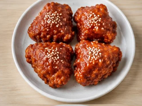 Four pieces of Korean fried chicken on a wooden board