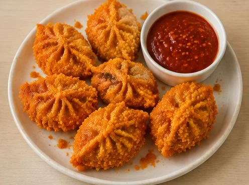 Crisp-coated fried momos with dipping sauce on a wooden board