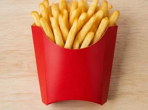 Carton of golden French fries on a wooden board