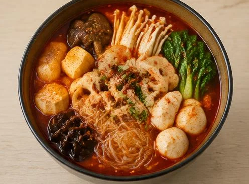 Bowl of malatang with vegetables, noodles and spicy broth on a wooden table