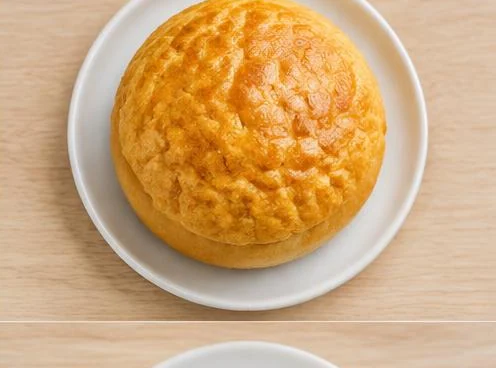 Hong Kong pineapple bun with crackled golden crust on a wooden board