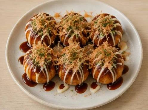 Six takoyaki octopus balls with sauce on a wooden board