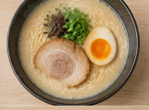 Bowl of tonkotsu ramen with noodles and toppings on a wooden table