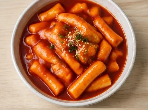 Tteokbokki rice cakes in red chilli sauce on a wooden board