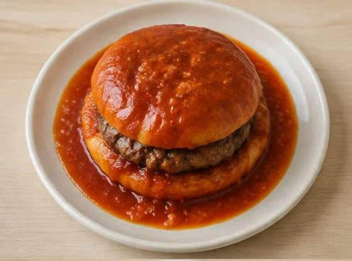 Turkish islak wet hamburger with tomato-soaked bun on a wooden board