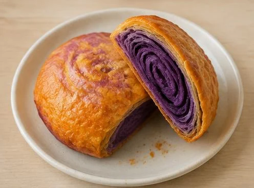 Purple ube pastry on a wooden board