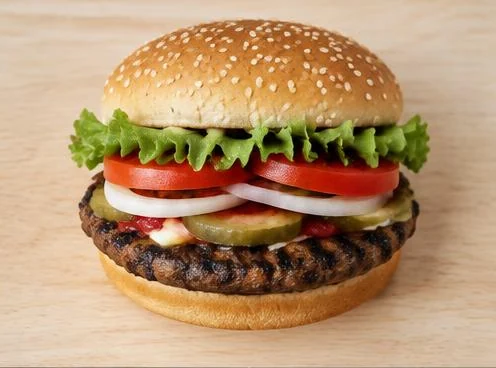 Whopper beef burger with lettuce and tomato on a wooden board